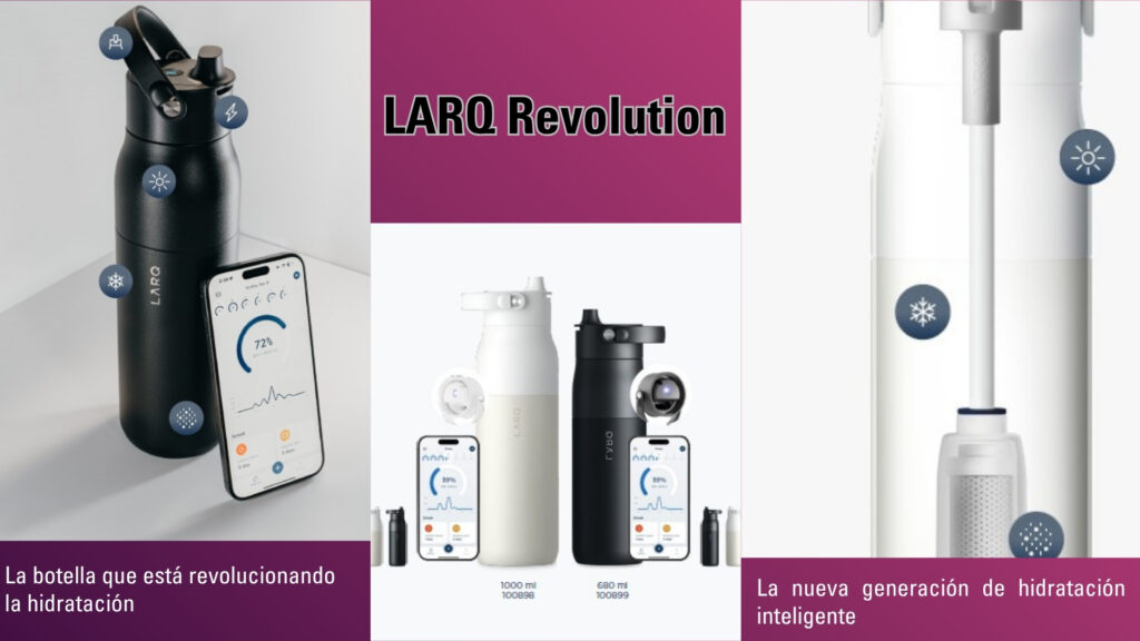 Botella LARQ de diseño sostenible con tecnología de autolimpieza UV-C aplicada al merchandising corporativo.