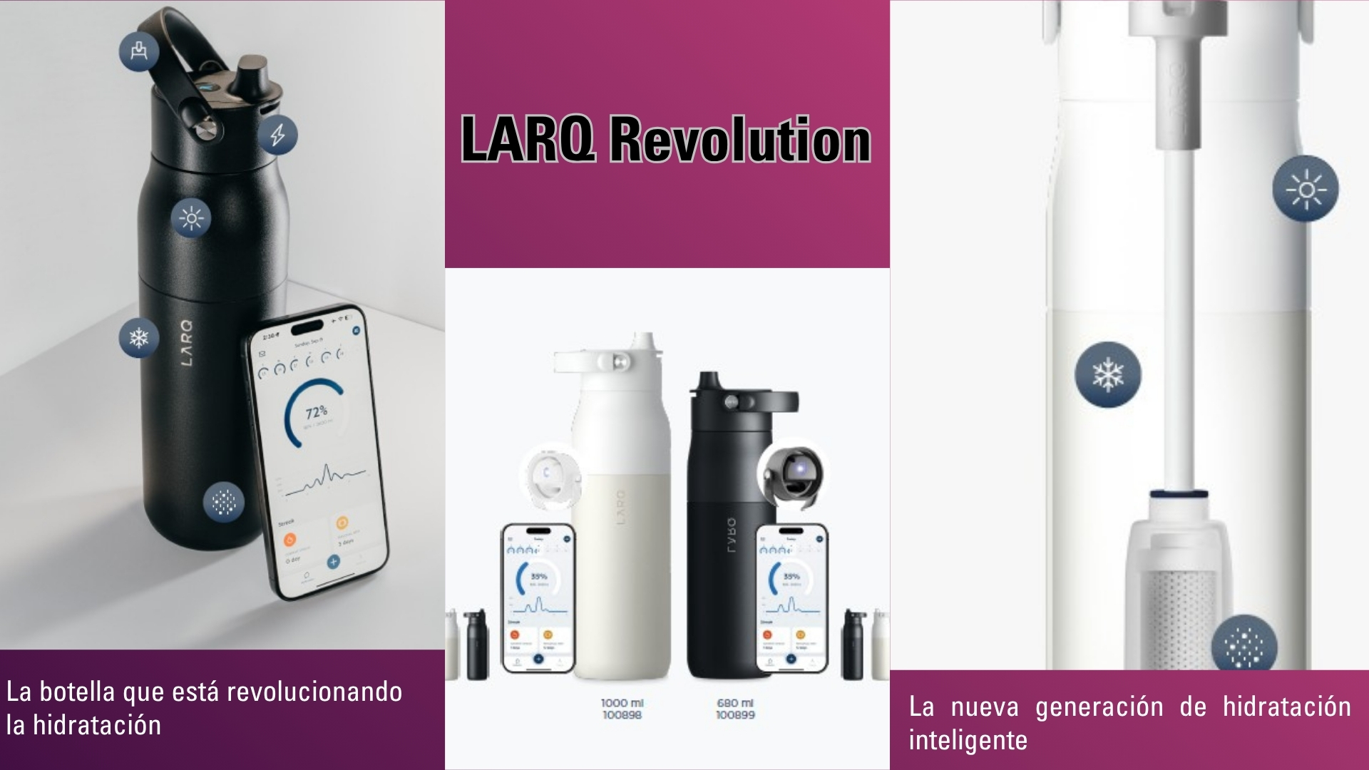Botella LARQ de diseño sostenible con tecnología de autolimpieza UV-C aplicada al merchandising corporativo.